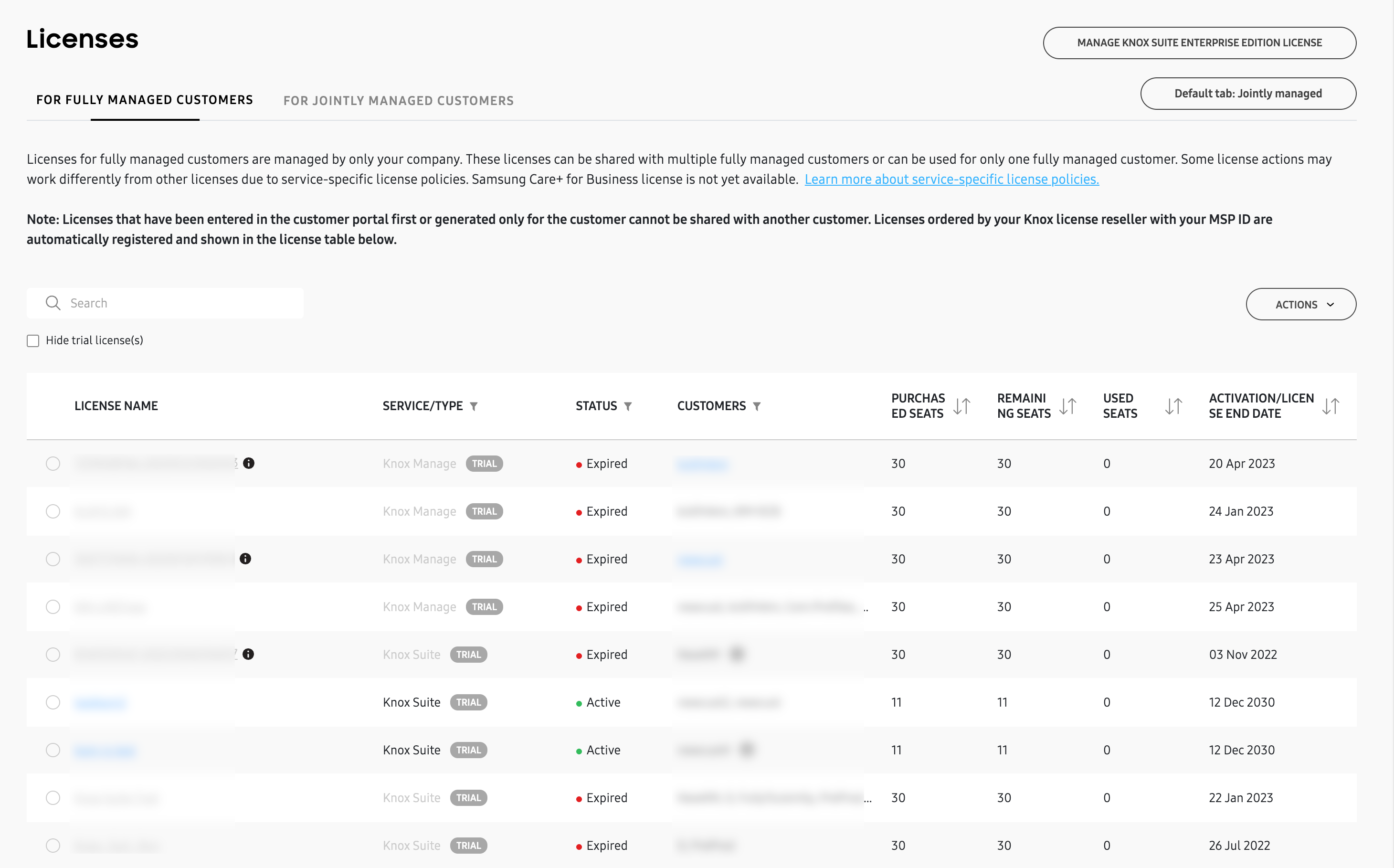 The Licenses page